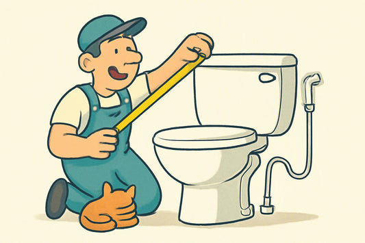 Illustration: A cheerful plumber cartoon holds a tape measure in front of a UK back-to-wall toilet with a D-shaped rim,