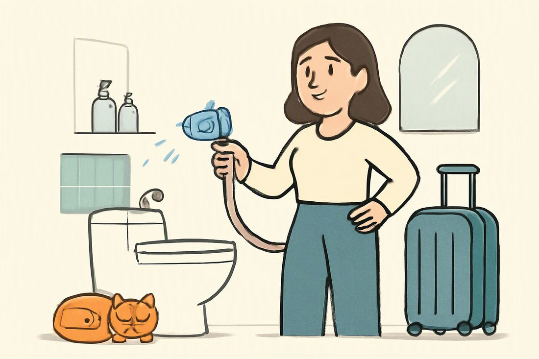 Illustration: In a snug UK bathroom, a cheerful cartoon bidet nozzle “winks” as a tidy guest squeezes its lever beside a