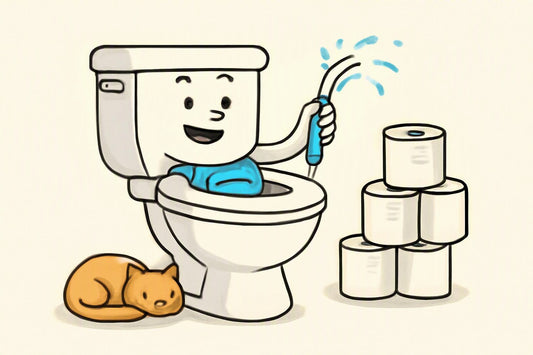 Illustration: A cheerful cartoon toilet wearing a tiny “calculator” bib splashes a non-electric bidet nozzle with a proud
