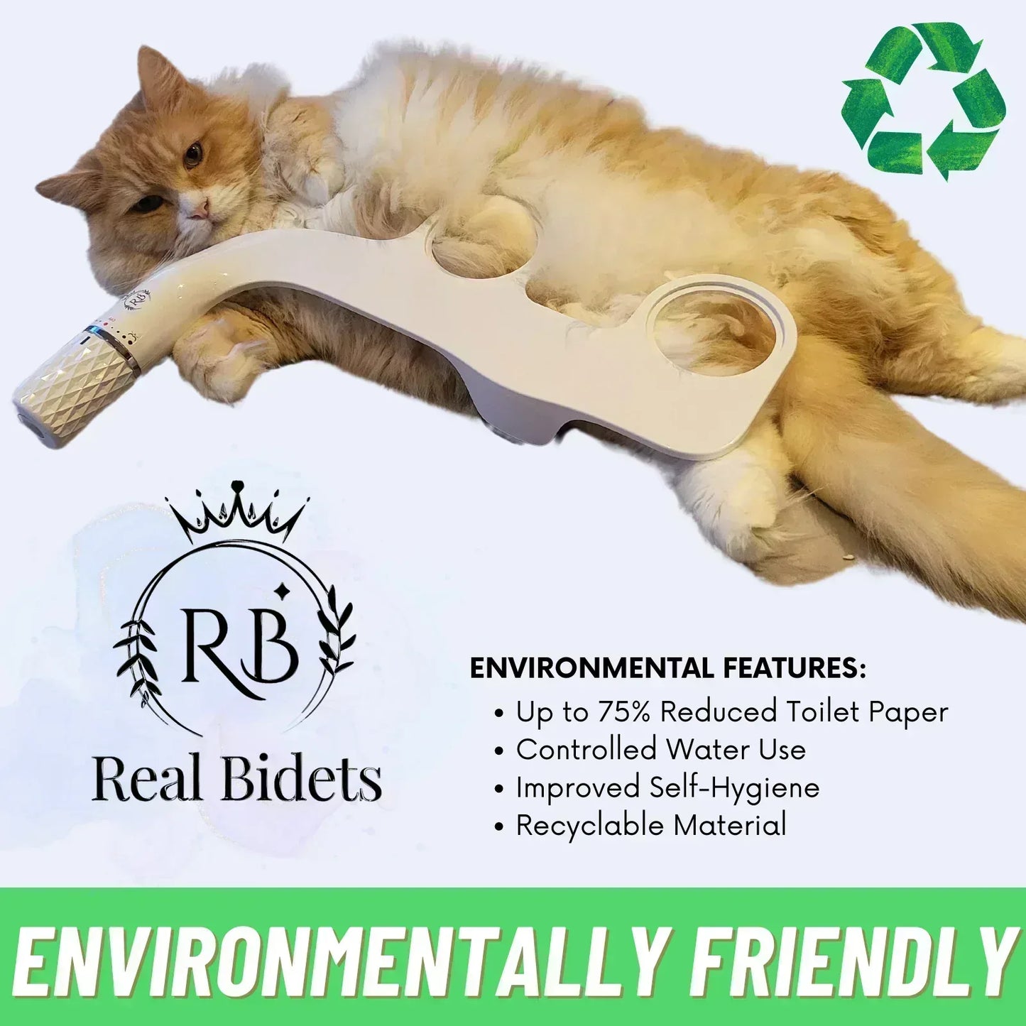 Eco-friendly bidet with Real Bidets logo, sleeping ginger cat and recyclable symbol