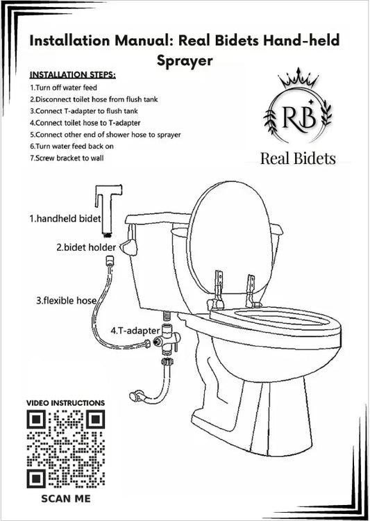 Real Bidets handheld sprayer installation guide with labelled diagram and QR code