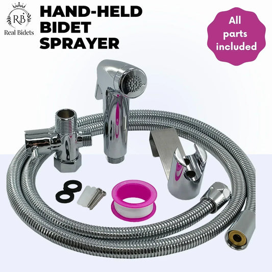Full handheld bidet sprayer kit with hose, sprayer, T-valve, teflon tape and fixings – Real Bidets UK