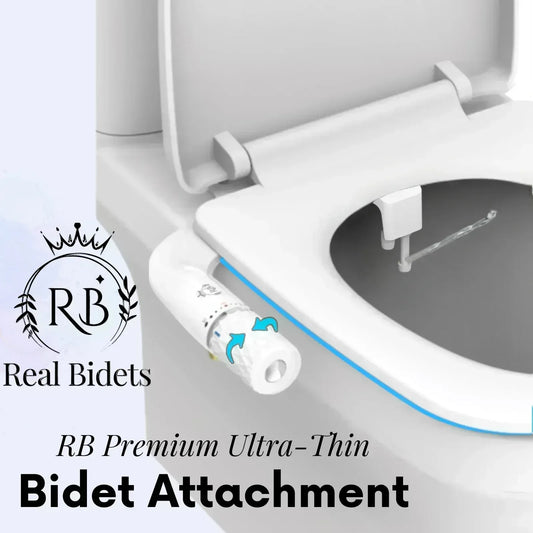 Real Bidets premium ultra-thin bidet attachment mounted on toilet seat – hero product image